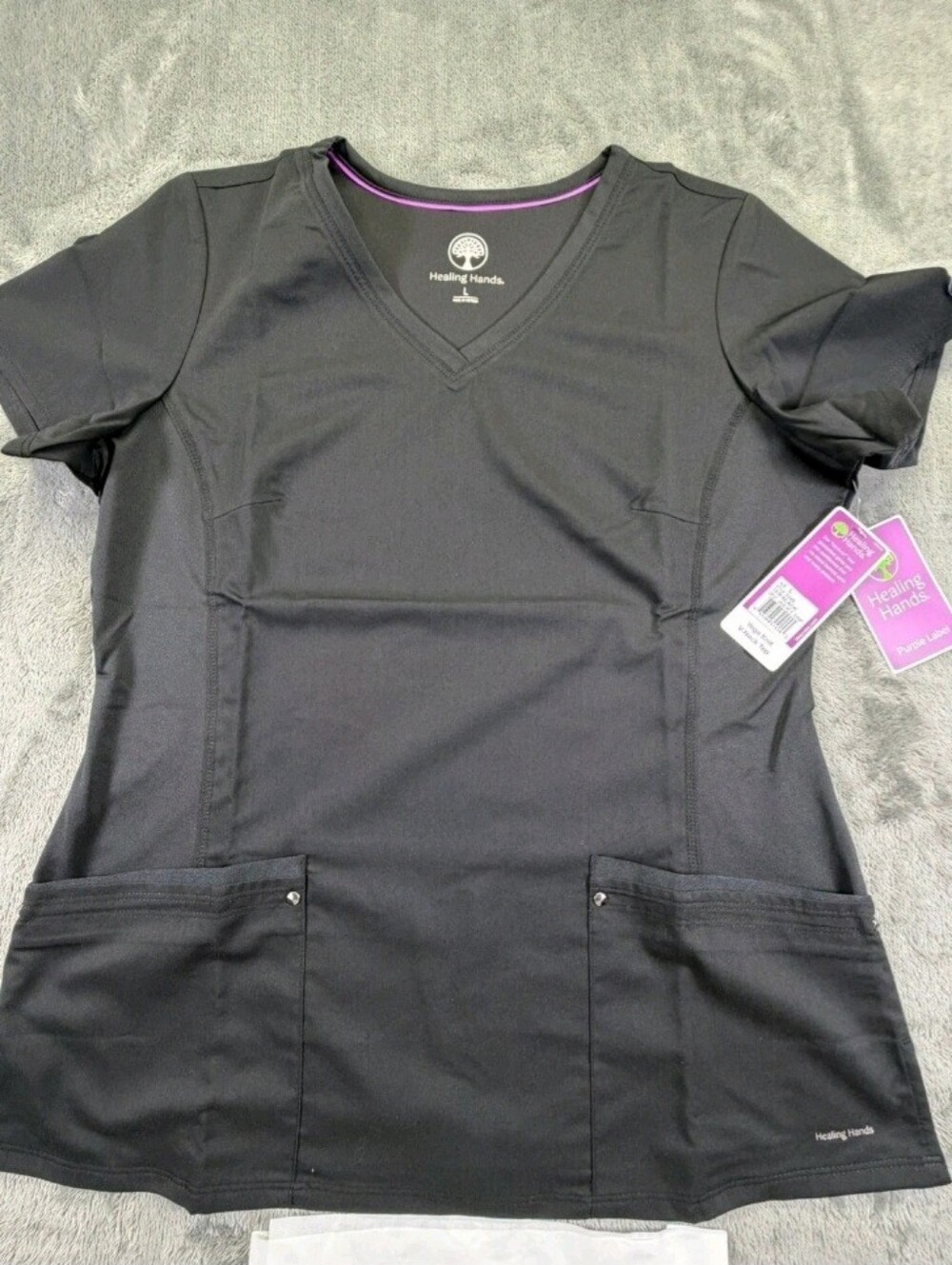 Healing Hands Yoga Stretch Gray V-Neck Scrub Top